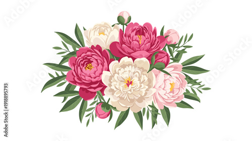 A beautifully arranged bouquet of vibrant pink and delicate white peonies with lush green foliage, perfect for elegant designs and special occasions.