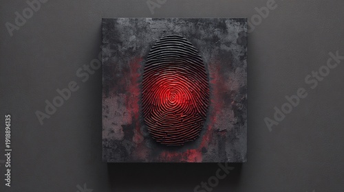 A striking black fingerprint impression against a textured dark background, illuminated by vibrant red light, creating a dramatic effect.