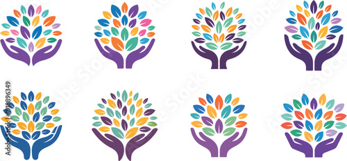 Vibrant tree logos with hands holding colorful leaves