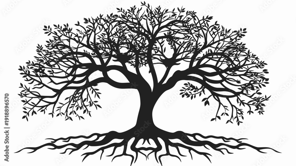Obraz premium Silhouette of a majestic tree with root system against a white background
