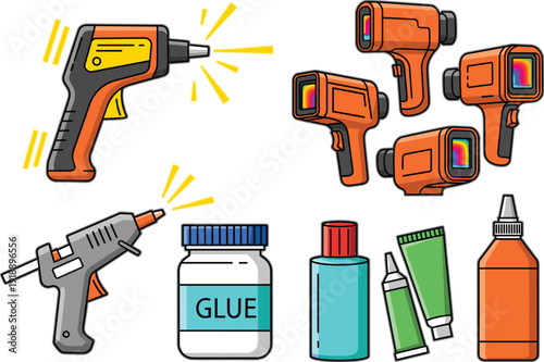 Glue gun and adhesive tools set with hot glue devices, bottles, and tubes, flat vector illustration for crafting, DIY repair, handmade projects, and bonding concepts