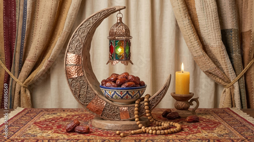 Ramadan kareem still life with crescent moon dates lantern candle and prayer beads on ornate rug