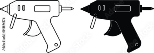 Glue gun outline and silhouette icons in white and black styles, crafting and repair tool symbols for DIY projects, workshops, and industrial adhesive use