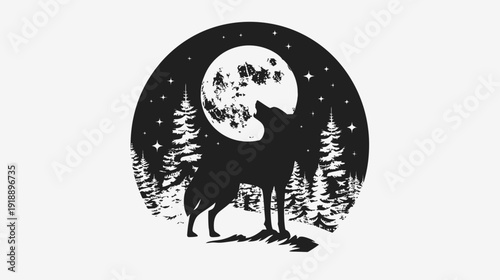 Silhouette of a howling wolf with moon and pine trees night scene