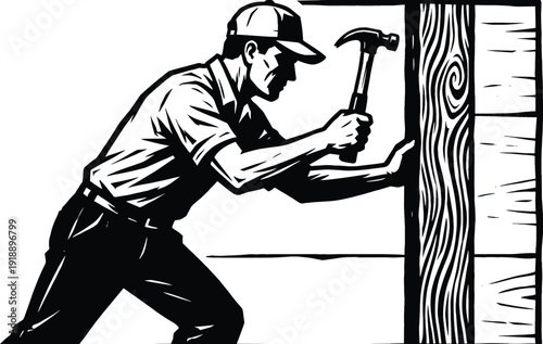 Carpenter hammering wooden beam during construction work, skilled craftsman using hand tools in vintage woodcut style illustration isolated on white background vector