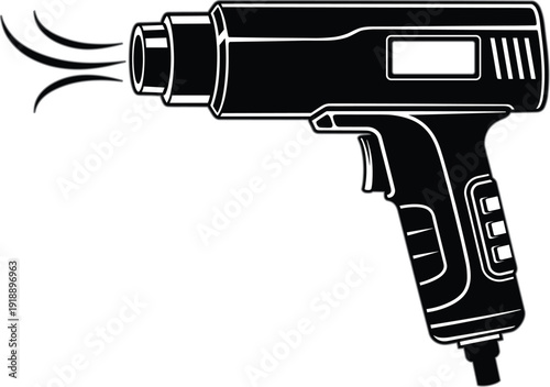 Heat gun tool outline illustration in black and white, electric hot air device for repair, crafting, shrink wrapping, and industrial maintenance applications