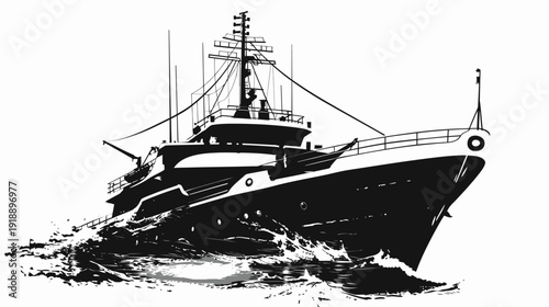 Black and white illustration of a modern motor yacht sailing on water