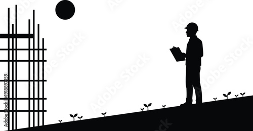 Construction inspector observing building foundation rebar with clipboard, sustainable development and environmental growth concept silhouette illustration isolated on white background vector design