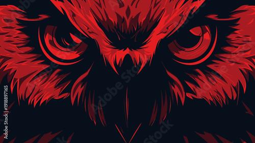 Close up illustration of an owls face in red and black color scheme
