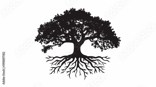 Silhouette of a majestic tree with roots isolated on a white background