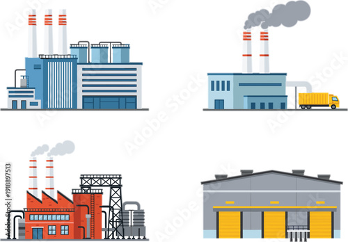 Industrial factory buildings set with smokestacks and warehouses, flat vector illustrations of manufacturing plants, power stations, and logistics facilities in modern style