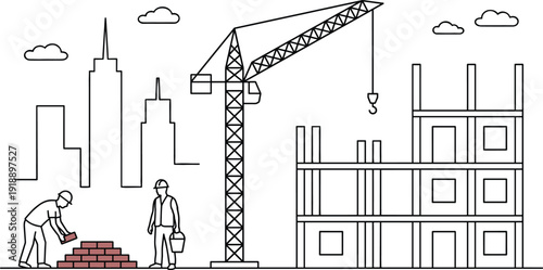 Construction site line art illustration with tower crane workers bricklaying and building framework, urban development project scene isolated on white background vector