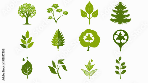 Green leaves and trees illustrations on white background for environmental design