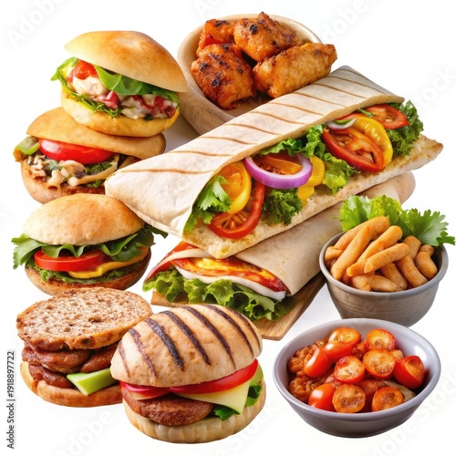 Assorted Fast Food Collection with Grilled Wraps, Sandwiches, and Dips