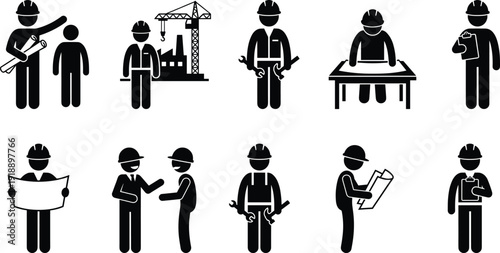 Construction worker icon set showing engineers planners inspectors and laborers with tools blueprints meetings and site activities isolated on white background vector