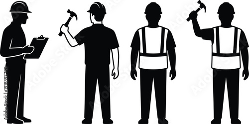 Construction worker silhouettes set showing inspector with clipboard and laborers holding hammers, safety helmets and vests, multiple poses isolated on white background vector