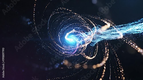 Vibrant blue and purple particles create an energetic light trail