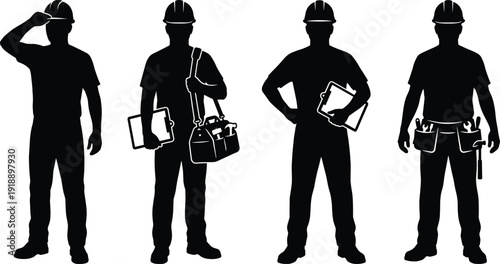 Construction workers silhouettes wearing safety helmets holding tools and clipboards, professional labor team isolated on white background vector illustration for industry branding