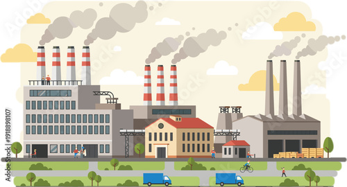 Industrial factory complex with smokestacks and urban infrastructure, pollution and manufacturing concept illustration showing power plants, warehouses, and transportation in modern flat vector style