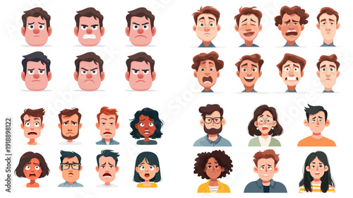 Set of diverse cartoon men and women faces with different emotions and hairstyles. Modern character portraits for avatars, social media, apps, games and design.