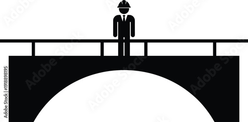 Engineer standing on bridge structure wearing safety helmet, civil infrastructure inspection and project supervision concept silhouette illustration isolated on white background vector