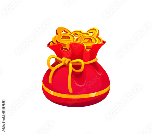 Red Chinese fortune pouch with golden coins. Asian lucky money bag, tied with golden rope and overflowing with glittering, shimmering gold coins. Cartoon vector happy wallet for Lunar New Year design
