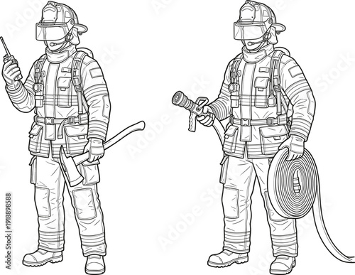 Firefighter protective gear illustration showing emergency responder holding radio axe and hose, detailed line art drawing isolated on white background vector technical sketch