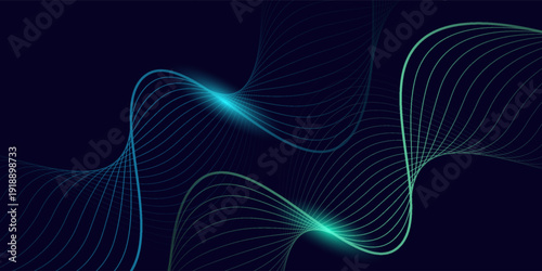 Glowing blue and green wave line on dark technology background.