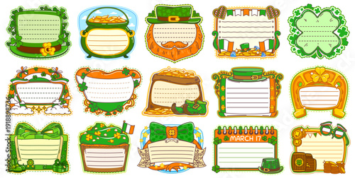 Saint Patrick's day Irish holiday kids memo note frames with cartoon shamrocks, leprechaun hats, bow ties, gold coins, rainbow and cupcakes and gift boxes. Vector set of empty labels and message notes