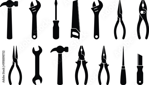 Hand tools silhouette set including hammer wrench screwdriver saw pliers isolated on white background vector illustration for construction repair and maintenance work