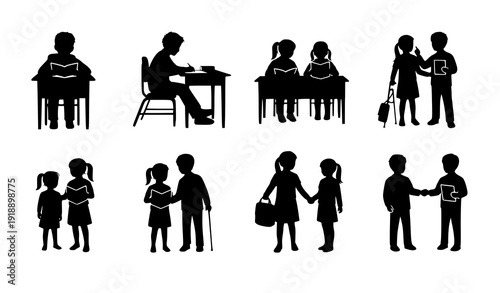Education and inclusion school activity silhouettes vector set