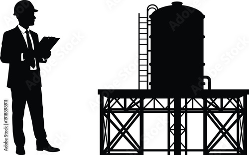 Industrial engineer inspecting storage tank facility with clipboard and safety helmet, oil gas infrastructure quality control silhouette illustration isolated on white background