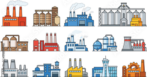 Industrial factory buildings collection with power plants refineries warehouses and manufacturing facilities flat vector illustration set for energy production industry concept
