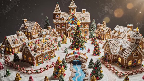 An Intricately Decorated Gingerbread Village Adorned with Festive Christmas Decorations and Winter Snow