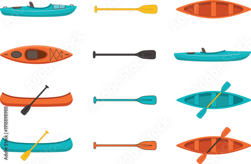 Kayak and canoe equipment collection with paddles in multiple views, colorful water sports gear set illustration isolated on white background vector design