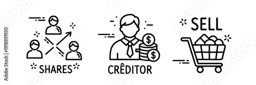 Financial concepts: shares, creditor, selling process illustrated with icons
