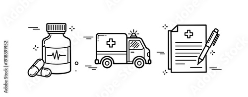 Healthcare icons: medicine, ambulance, and medical document in minimalist line art