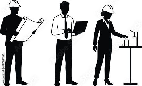 Professional architects and engineers collaborating on construction planning using blueprints laptop and scale models, project management teamwork silhouette illustration isolated on white background