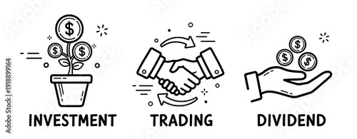 Investment vs. trading vs. dividend: financial growth visual with icons