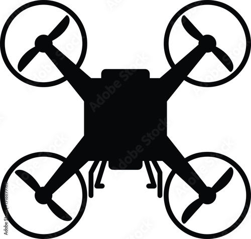 Quadcopter drone silhouette with four propellers, unmanned aerial vehicle technology icon isolated on white background vector illustration for surveillance mapping photography design