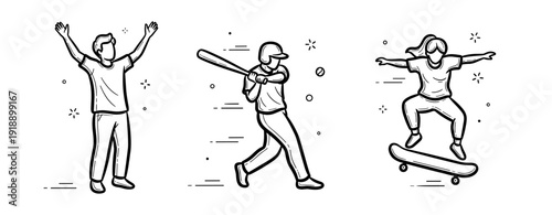 Set of sketches featuring people engaging in sports: male baseball player, female skateboarder, male celebrating