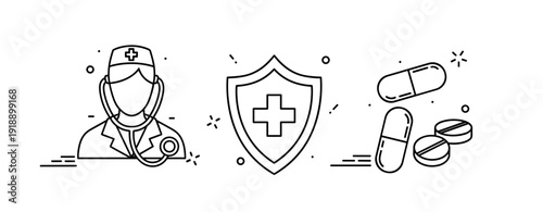 Healthcare icons: medical professional, shield, and pills illustration