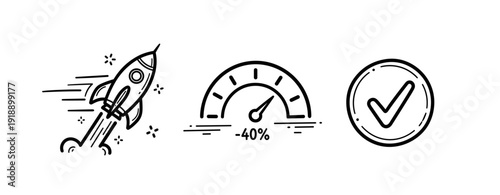 Rocket launch, speedometer at 40%, checkmark symbol - conceptual progress and success
