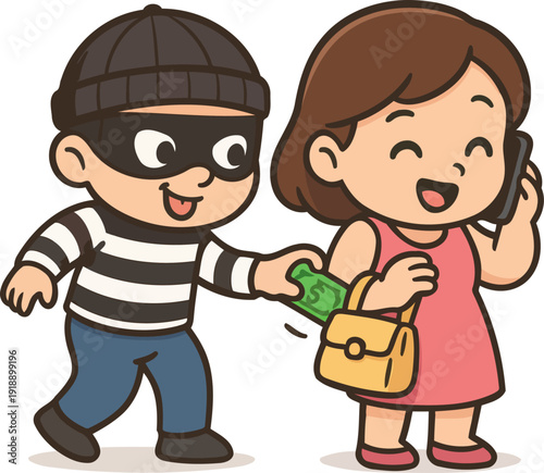 A mischievous burglar stealthily steals from an unaware woman, adding an element of surprise and humor to the scene, suitable for quirky scenarios and storytelling.