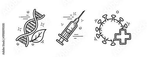 Dna strand, syringe, and virus icon in black and white line art