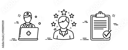 Medical professional with laptop and checklist illustration with icons