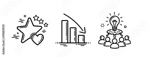 Icons of partnership, growth decline, and team innovation in simple line art
