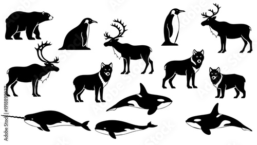 Set of Arctic and Antarctic Wildlife Silhouettes Featuring Polar Bear, Penguin, Orca Whale, Reindeer, Wolf, and Narwhal in Black Vector Flat Design