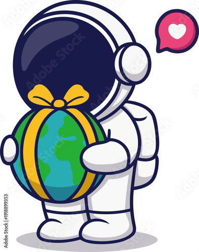 An astronaut lovingly hugs a beautifully decorated Earth resembling a gift, symbolizing care and connection to the planet in a heartwarming and imaginative portrayal.