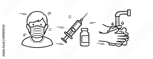 Health guidelines: masked child, vaccine, handwashing symbols